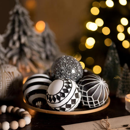Valery Madelyn Large Christmas Ornaments Tree Decorations, 16ct Black White Boho Shatterproof Christmas Ball Ornaments Set, 3.15 Inch Modern Hanging Ornament Bulk for Xmas Holiday Party Decor
