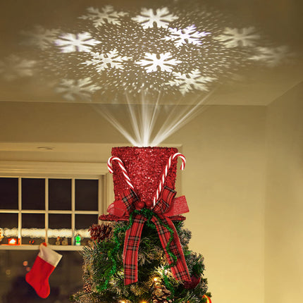 Lewondr Christmas Tree Topper Hat Projector, Snowman Hat Tree Topper with Snowflake Projector Light, Decorative Elf Hat Tree Topper for Xmas Tree Year Holiday Party Winter Home Decoration, Red