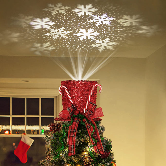 Lewondr Christmas Tree Topper Hat Projector, Snowman Hat Tree Topper with Snowflake Projector Light, Decorative Elf Hat Tree Topper for Xmas Tree Year Holiday Party Winter Home Decoration, Red