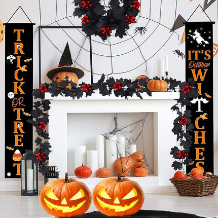2 Pack Black Maple Leaf Garland Christmas Garland, Black Garland Christmas Red Berry Garland Outdoor Fall Garland Artificial Vine Autumn Garland Hanging Mantle Porch Table Decor