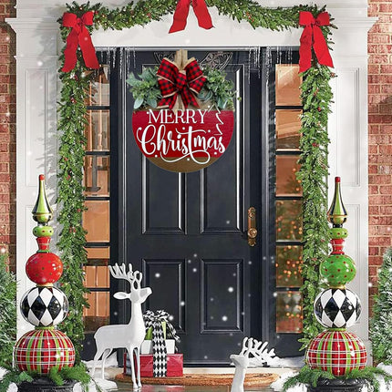 Merry Christmas Hanging Sign for Front Door, Wooden Welcome Wreath with Bow for Holiday Rustic Farmhouse Outdoor Wall Window Decor (Merry Christmas Wreath)