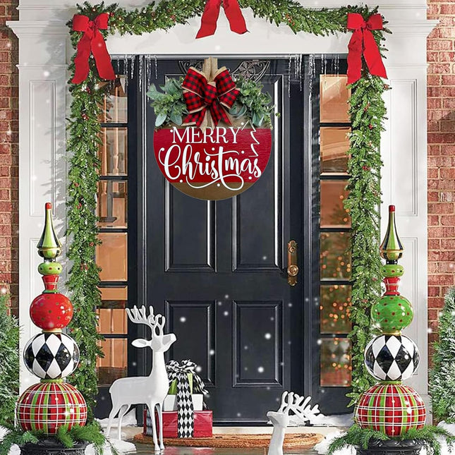 Merry Christmas Hanging Sign for Front Door, Wooden Welcome Wreath with Bow for Holiday Rustic Farmhouse Outdoor Wall Window Decor (Merry Christmas Wreath)