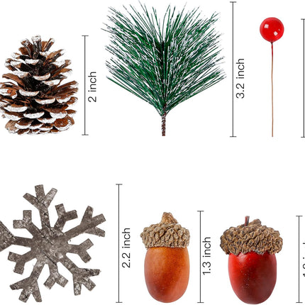 Sggvecsy 120 Pcs Artificial Pine Cones Pine Needles Artificial Red Holly Berries Natural Wooden Snowflake Christmas Wreath Accessories for DIY Christmas Garland Wreath Holiday Decoration