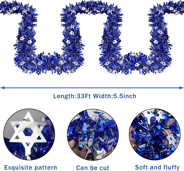33 Ft Hanukkah Tinsel Garland Hanukkah Decorations for Home with Star of David Silver Ornaments Blue Metallic Streamers for Indoor Outdoor Party Supplies Hanukkah Chanukah Decor