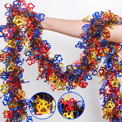 Dog Paw Tinsel Garland, 26.24 FT Gold Red and Blue Dog Paw Metallic Tinsel Twist Garland Shiny Hanging Decoration for Birthday Wedding Christmas Pride Month Parade Floats Home Indoor Outdoor
