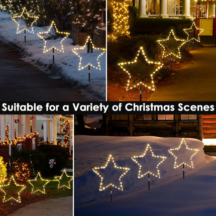 Wuhoo Pathway Lights 3 Pack Christmas Pathway Star Lights Christmas Decorations 8 Modes Waterproof Led Garden Stake Lights for Outdoor Walkway Yard Lawn Porch Party (Warm White)
