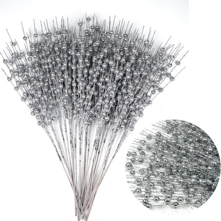 24 Pack Christmas Glitter Berry Stems, Artificial Decorative Branches for Tree, Festive Bead Sticks for Holiday Wreath Ornaments, Decorative Christmas Picks Glittery Twigs, DIY Home Decor (Sliver)