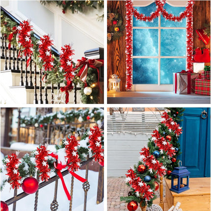 Christmas Tinsel Garland - 33ft Christmas Snowflake Tinsel Garland, Red Christmas Tree Thick Metallic Garland for Indoor Outdoor Porch Window Fireplace Wall Decorations Xmas Party Supplies