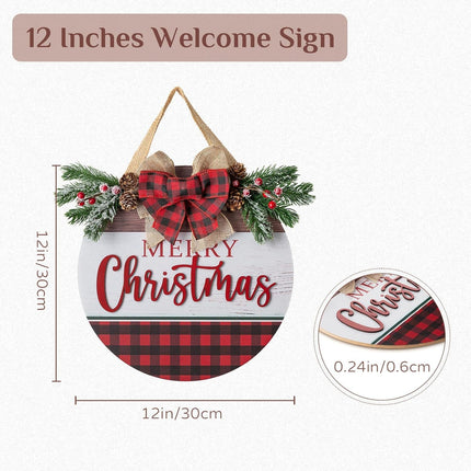 Christmas Sign for Front Door Wall Decor - Walasis Merry Christmas Signs Hanging for Indoor with Buffalo Plaid Bow Farmhouse 12 inch Red Xmas Wreath Hanger Decorations