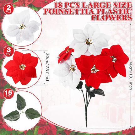 Riceshoot 18 Pcs Christmas Artificial Poinsettia Bushes 18 Inch Faux 5 Heads Poinsettia Bush Bouquets Velvet Artificial Christmas Flowers for Xmas Tree Home Indoor Outdoor Decorations (Red, White)