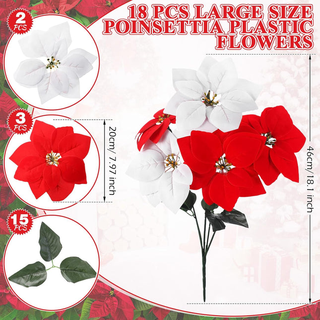 Riceshoot 18 Pcs Christmas Artificial Poinsettia Bushes 18 Inch Faux 5 Heads Poinsettia Bush Bouquets Velvet Artificial Christmas Flowers for Xmas Tree Home Indoor Outdoor Decorations (Red, White)
