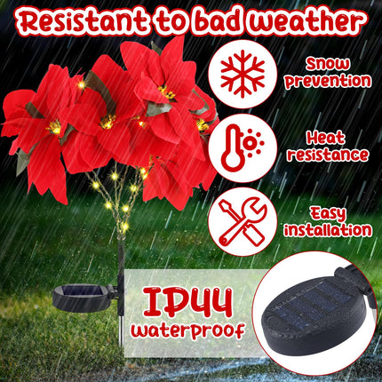 VIHOSE 2 Pcs Christmas Solar Flowers Lights Artificial Poinsettia Flower Landscape Light Waterproof Solar Poinsettia Lights for Outdoor House Yard Lawn Patio Garden Pathway Christmas Party Supplies