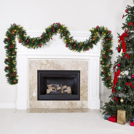 9FT Artificial Christmas Garland Pre-Lit with 50 LED Lights, Battery Powered, Decorated with Snowflakes, Pine Cones, Red Berries, Needle for Mantle Stairs, Indoor Outdoor Decorations
