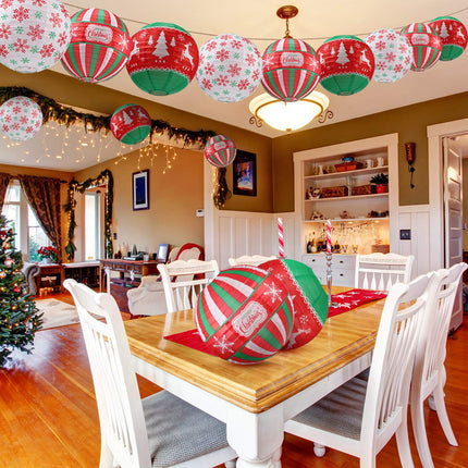 6 Pieces Christmas Hanging Paper Lanterns Set, Red Green White Christmas Party Lanterns, Round Hanging Lamps Christmas Paper Lanterns Decoration for Christmas Party Home Decoration Supplies Props