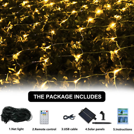 Solar Net Christmas Lights Warm White， 192 LED Net Lights Outdoor Mesh Lights, 19 Modes Solar Powered/USB String Lights for Garden, Yard, Bushes, Trunk, Halloween, Xmas Tree Decor