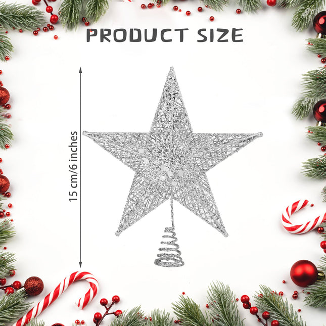 Christmas Tree Topper 6 Inches Metal Glittered Christmas Tree Topper Wire Star Treetop Sparkle Xmas Decoration for Christmas Tree Ornament Indoor Year Holiday Party Supplies (Silver)
