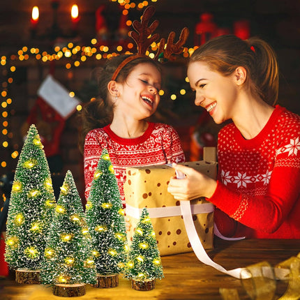Small Christmas Tree with Lights, 4 Pcs Table Top Mini Christmas Tree with Wooden Bases, LED String Light Small Bottle Brush Pine Tree Decor for Xmas Holiday Party Home Indoor Christmas Decoration