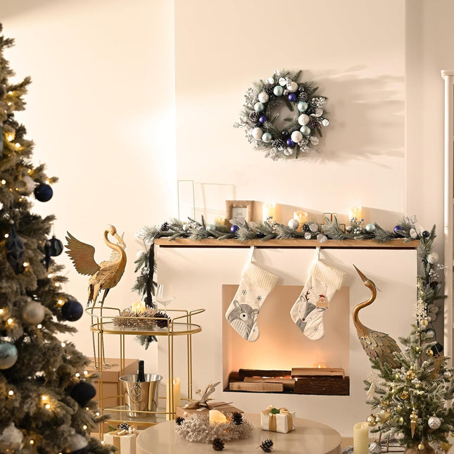 Valery Madelyn 9 feet Pre-Lit Christmas Garland with Light for Mantle, Lighted Battery Operated Xmas Garland with Silver Blue Ball for Front Door Fireplace Table Centerpiece Outdoor Window Home Decor