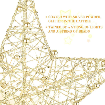 Christmas Glitter Star Tree Topper Lighted Christmas Treetop Star with Beaded Christmas Xmas Tree Party Decoration (Golden)