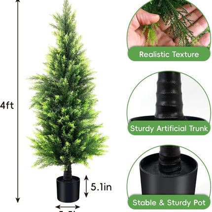 KOL 4FT 2-Pack Artificial Cedar Topiary Trees UV Resistant Potted Shrubs Fake Plants, Faux Pine Tree Plant for Home Office Garden Front Porch Patio Indoor Outdoor Party Wedding Christmas Decor