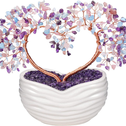 GEHECRST Healing Crystal Heart Tree Handmade Amethyst Rose Quartz Aquamarine Crystal Gemstone Money Tree Stone Tree Feng Shui Ornament for Home Office Desk Decor s for Mom Women Christmas