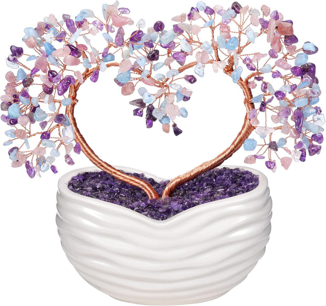 GEHECRST Healing Crystal Heart Tree Handmade Amethyst Rose Quartz Aquamarine Crystal Gemstone Money Tree Stone Tree Feng Shui Ornament for Home Office Desk Decor s for Mom Women Christmas