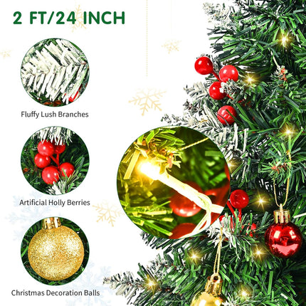 Mini Christmas Tree with LED Lights, 24 Inch Tabletop Christmas Tree with Berries Star Treetop Ornaments Balls Artificial Small XMS Tree for Table Desk Home Christmas Holiday Decor