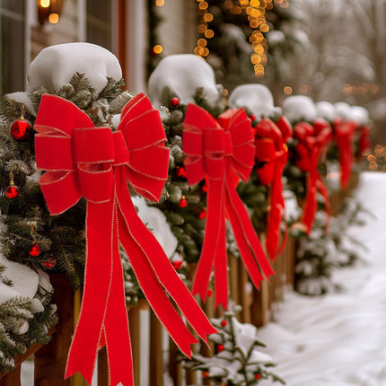 2 Pcs Red Christmas Bows Outdoor Decorations - 16”x24” Large Christmas Tree Topper Bow, Velvet Wreath Bow with Glitter Gold Edge for Xmas Home Front Door Decor