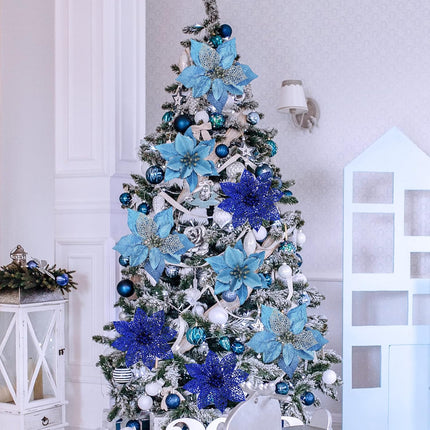 Winlyn 24 Set 3 Styles Christmas Blue Glitter Poinsettia Flowers Picks Christmas Tree Ornaments for Blue Christmas Tree Wreaths Garland Holiday Seasonal Wedding Decorations White Box Included