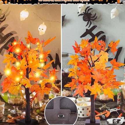 Fall Maple Tree with Lights, 2 Pack 25'' Artificial Fall Decorations for Home, Halloween Indoor Thanksgiving Table Decor USB & Battery Operated Autumn Tree with Acorns, Pine Cones, Pumpkin