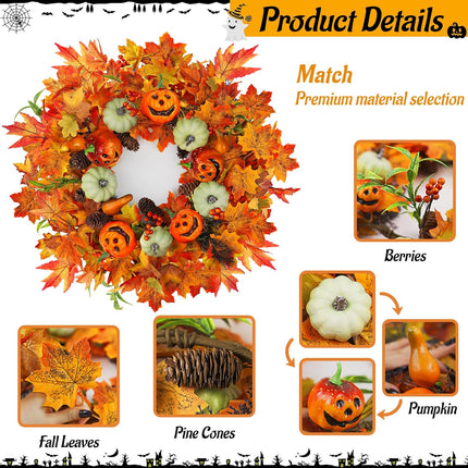 22 Inch Fall Wreath for Front Door Outside, ZOXILEN Pumpkin Wreath with Berries Maple Leaves Pine Cones, Fall Harvest Wreaths Autumn Farmhouse Wreath for Thanksgiving Christmas Indoor Outdoor Decor