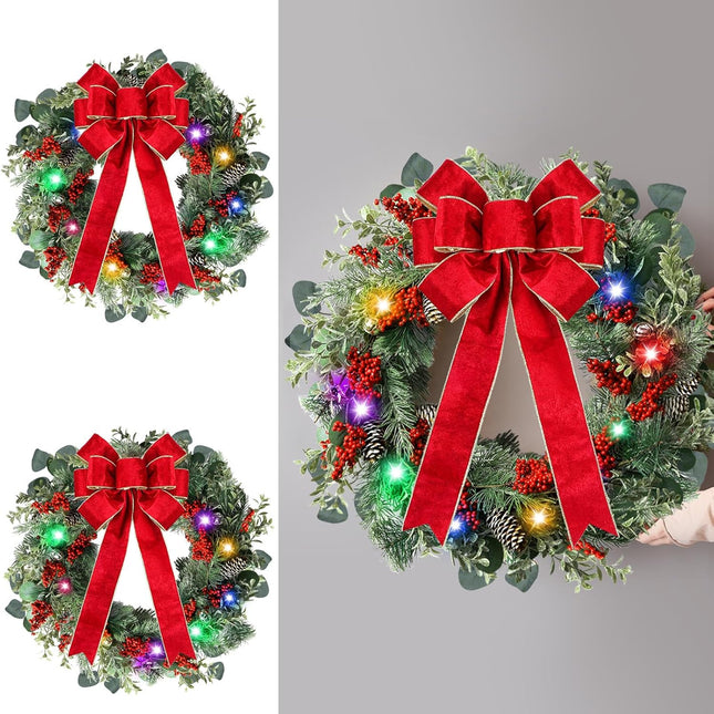 2 Pcs 16 Inch Pre Lit Christmas Wreath with Large Red Bow, Battery Operated Xmas Wreaths, Artificial Front Door Wreaths, Adorned with Red Berries, Pine Needle, Holly Leaves Xmas Door Decor