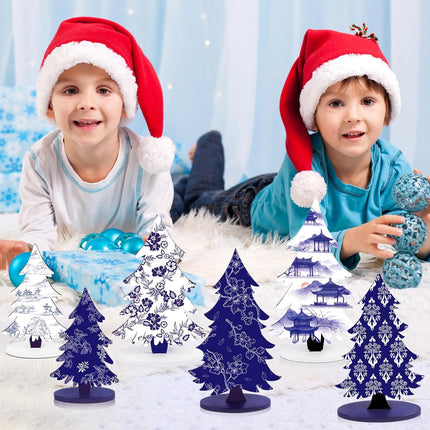 Chinoiserie Wooden Christmas Tree - 6 Pcs Porcelain Wood Christmas Trees, Xmas Blue Centerpieces for Tables, Holiday Tiered Tray Decorations, Wooden Tree Tabletop Decor for Home Office Party