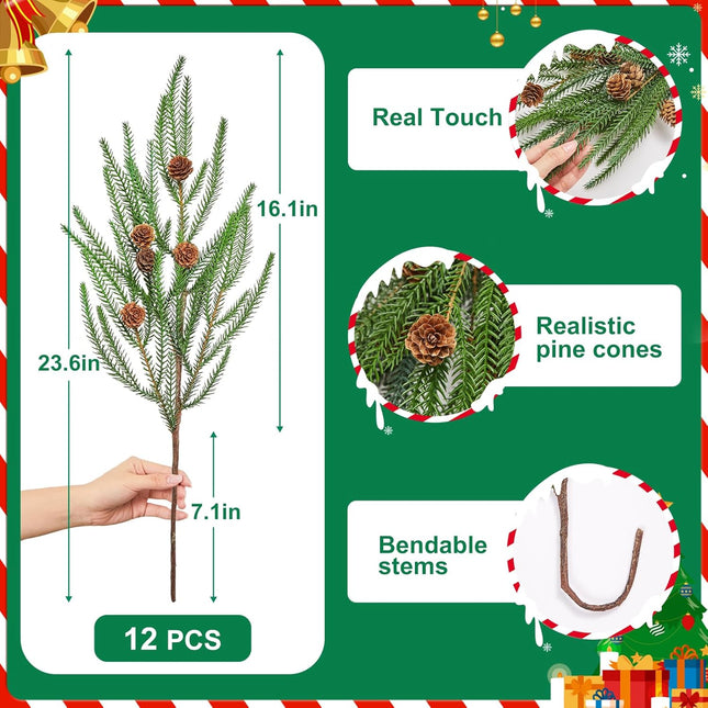 Serwalin 23.6“ Artificial Pine Branches, 12PCS Real Touch Norfolk Pine Branches with Pine Cones, Faux Christmas Greenary Picks for Xmas DIY Crafts Wreath Indoor Outdoor Home Decor
