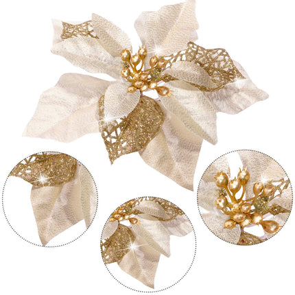 Boao 24 Pieces Christmas Artificial Glitter Poinsettia Flowers Xmas Flowers Wedding Christmas Tree Year Ornaments(Gold)