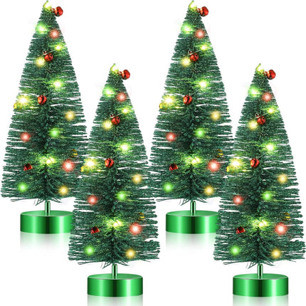 4 Pcs Mini Christmas Tree with Lights Bulk Mini Bottle Brush Trees 9.4 Inch Small Tabletop Christmas Tree Pre Lit Christmas Tree Xmas Tree for Christmas Decoration Xmas Holiday(Green)