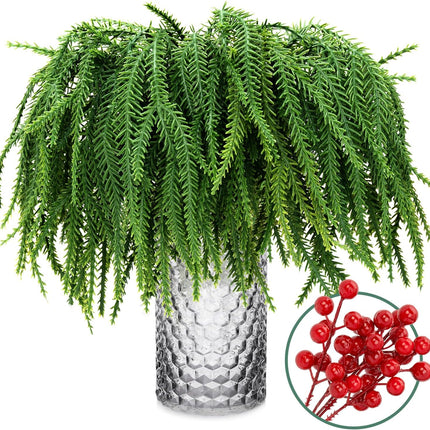 XIFAN 60 Pcs Christmas Norfolk Pine Branches and Red Berry Stems, 14'' Artificial Pine Picks, Faux Greenery for DIY Crafts, Indoor/Outdoor Garland, Wreath, and Home Decoration