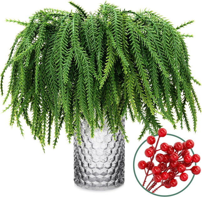 XIFAN 60 Pcs Christmas Norfolk Pine Branches and Red Berry Stems, 14'' Artificial Pine Picks, Faux Greenery for DIY Crafts, Indoor/Outdoor Garland, Wreath, and Home Decoration