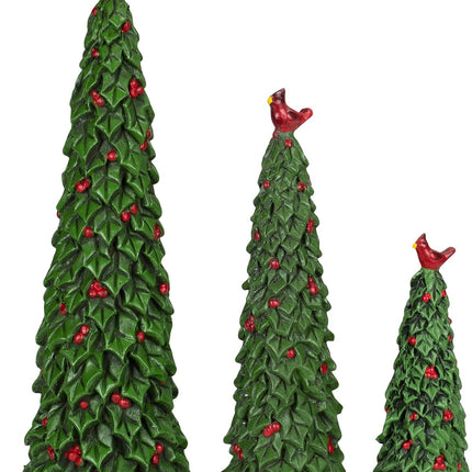 Set of 3 Sculpted Resin Holly Christmas Trees with Red Cardinals and Berries, 6, 9 and 12 Inches High