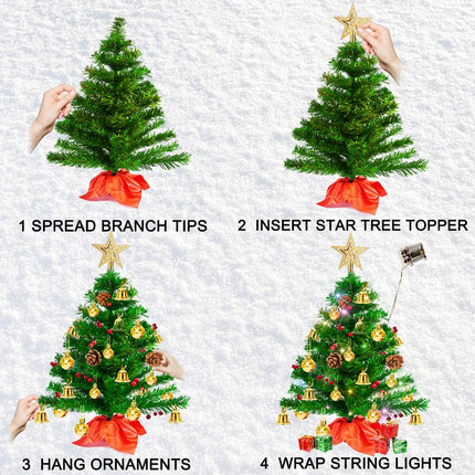 20" Tabletop Mini Christmas Tree, Artificial Small Xmas Tree Decor DIY with 50 LED String Lights,Star Tree Topper, Holly Berries, Pine Cones Ornaments and Wooden Base for Holiday Season Decorations
