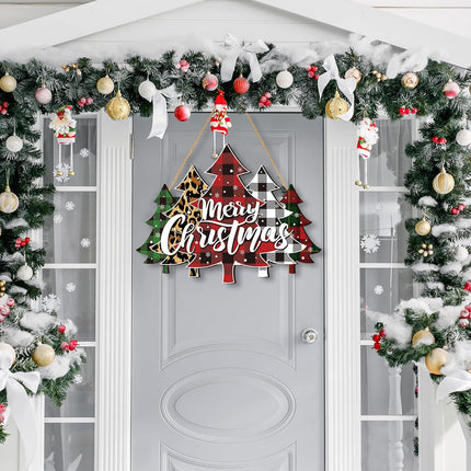 BBTO Merry Christmas Door Sign Buffalo Plaid Tree Wood Decor Farmhouse Hanging Plaque for Porch Xmas Front Outdoor Home Decor(Tree Style)