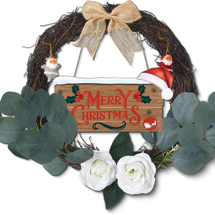 Christmas Wreath 20" Christmas Wreath for Front Door Christmas Garland, Grapevine Wreath Santa Claus Wreath with Merry Christmas Wooden Door Sign Decorations