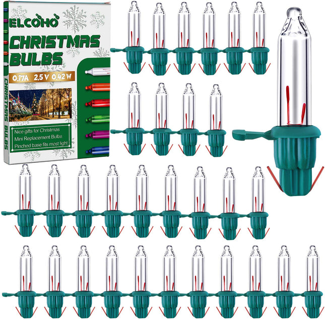 Elcoho 100 Pieces 2.5V Clear Mini Christmas Replacement Bulbs, 170 mA, 0.42 Watt Bulbs with Pinched Green Base for Christmas Trees and Incandescent String Lights Set Supply