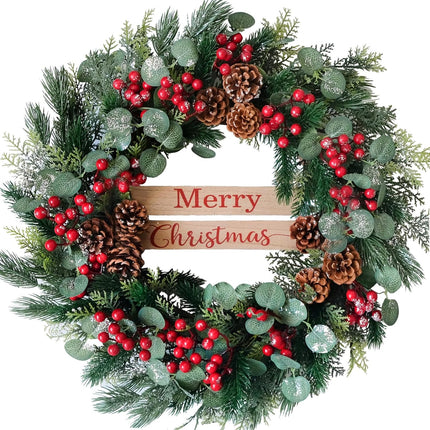 Christmas Decor - 24nch Artificial Christmas Wreath with Eucalyptus Leaves, Pine Cones and Berry Clusters，Winter Front Door Wreath for Indoor Outdoor Farmhouse Festival Home Decor