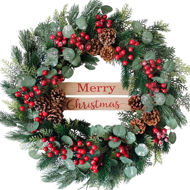 Christmas Decor - 24nch Artificial Christmas Wreath with Eucalyptus Leaves, Pine Cones and Berry Clusters，Winter Front Door Wreath for Indoor Outdoor Farmhouse Festival Home Decor