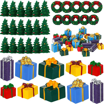 Poen 120 Pcs Christmas Miniature Ornaments Kit 50 Mini Christmas Trees Ornament 50 Christmas Resin Miniature Box and 20 Mini Green Christmas Wreaths Decorations for DIY Christmas Crafts