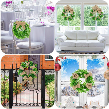 WILLBOND 2 Pcs Boxwood Wreath 11.8 Inch Artificial Christmas Wreath Outdoor Wreath Green Leaves Wreath with 16 Feet Sackcloth for Xmas Decor Front Door Wall Window Wedding(Natural Sackcloth)