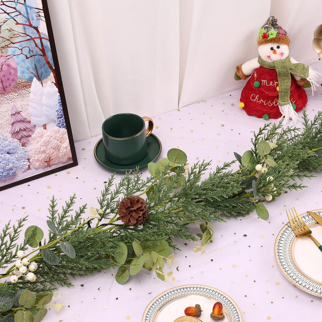 6ft prelit Lighted Christmas Garland with LED Lights,Battery Powered with Pine Cones,Eucalyptus Leaves,Berries, Pine Needles,Christmas Garland for Fireplace Mantle Decorations. (White Berries)