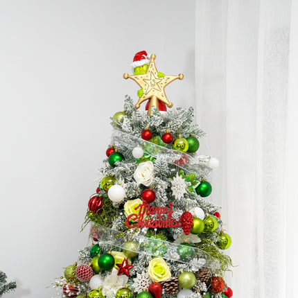 10 inch Christmas Tree Topper, Cute and Funny Christmas Thief Hiding Behind Gold Star Sculpted Tree Topper, Hand-Painted Unique Red Green Xmas Monster Decorations for Table Shelves Home Indoor