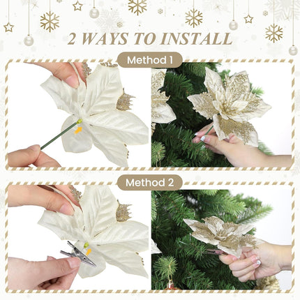 24 Pcs 6"&9" Large Size Poinsettia Artificial Christmas Flowers for Christmas Tree, Boxed Christmas Ornaments Flowers Glitter Picks for Xmas Year Decor with Clips&Sticks，Champagne Gold